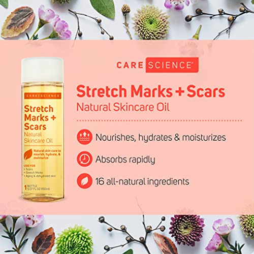 Care Science Stretch Marks + Scars Skin Care Body Oil, 5.07 Ounce | For Scars, Stretch Marks, Hair, Aging, & Dehydrated Skin | Natural Ingredients, Vitamin E Oil, Olive Oil, Coconut Oil, & More