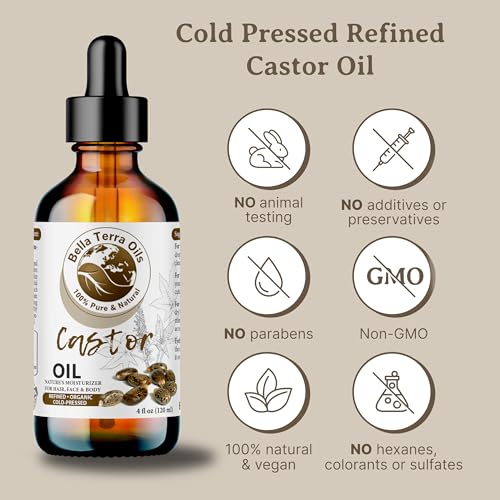 Bella Terra Oils - Organic Castor Oil 4oz Glass Bottle - Luxuriate with Cold-Pressed Organic Castor Goodness, Overflowing with Palmitic Acid, Perfect Skin Partner