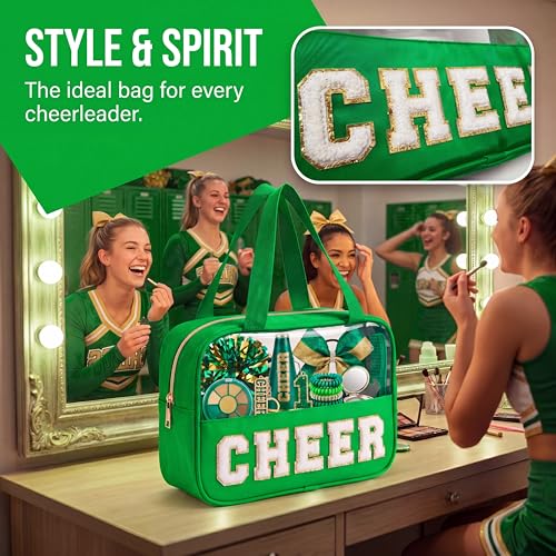 Green Cheerleading Makeup Bag with Chenille 'CHEER' Letters - Large Travel Organizer for Girls & Women