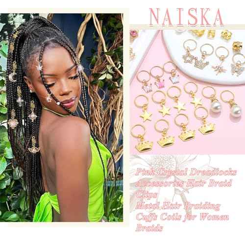 NAISKA 156Pcs Pink Crystal Loc Dreadlocks Jewelry Gold Hair Jewelry for Braids Multi Shape Crown Pearls Hair Decoration Hair Coils Rings Dreadlocks Hair Cuffs for Women and Girls