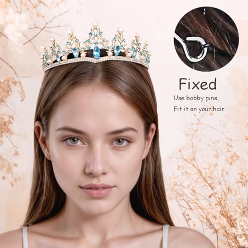 Baroque Pearl Crystal Bridal Tiara Crown in Gold (Variation: Gold-light blue) for Weddings & Prom