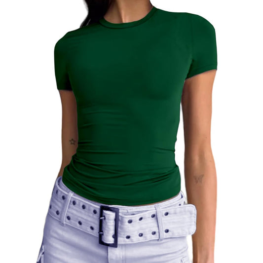 Abardsion Women's Casual Basic Going Out Crop Tops Slim Fit Short Sleeve Crew Neck Tight T Shirts (Dark Green, S)