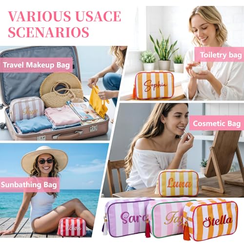 Personalized Embroidered Striped Cosmetic Bag with Name - Waterproof Travel Makeup Case