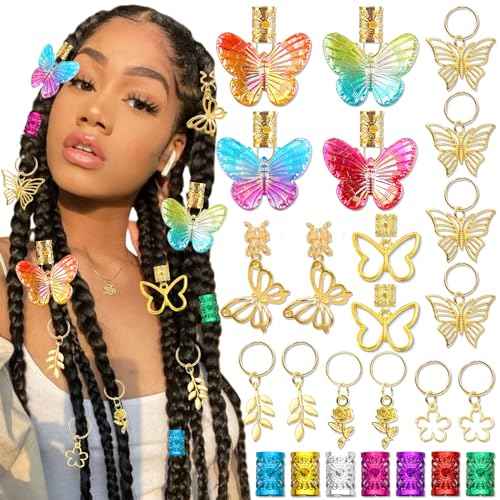 NAISKA 30Pcs Colorful Butterfly Charm for Braid Clips Gold Hair Jewelry Loc Dreadlock Accessories Flower Braid Charms Hair Cuffs Coils Rings Loc Jewelry Gifts for Women and Teen Girls