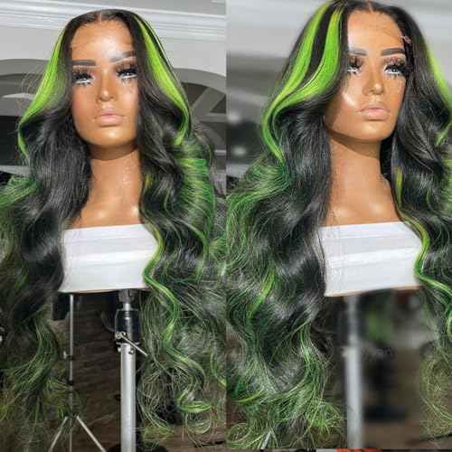 Missyvan Green Lace Front Wigs for Women Body Wave Lace Front Wigs Highlights Black with Green Streak Colorfull Long Wavy Skunk Stripe Glueless Wigs 26Inch Soft Hair Heat Resistant