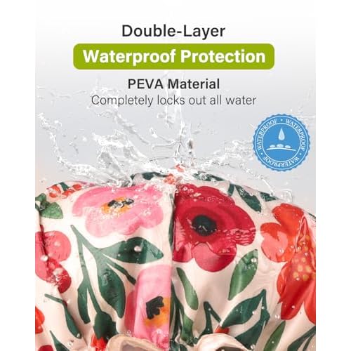 mikimini Large Shower Cap for Women Reusable Waterproof, Extra Large Hair Cap with Adjustable Elastic Band and Vibrant Floral Print, XL Bath Cap for Long Hair & Short Hair