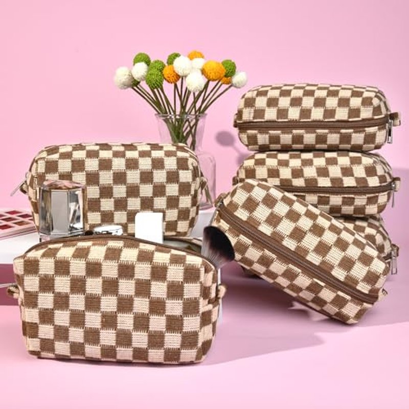 Brown Checkered Makeup Bag 7x4 - Set of 6 Cosmetic Organizers