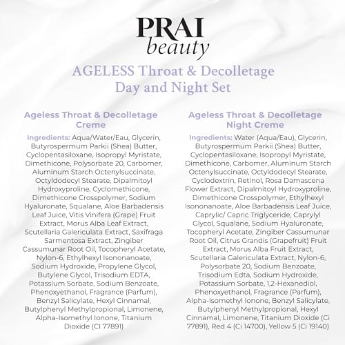 PRAI Beauty Ageless Day and Night Neck Creme Set | 1 Throat & Decolletage Day Creme and 1 Throat & Decolletage Night Creme | Skin Tightening Cream Set for Instantly Ageless Neck | 4.0 Oz Each