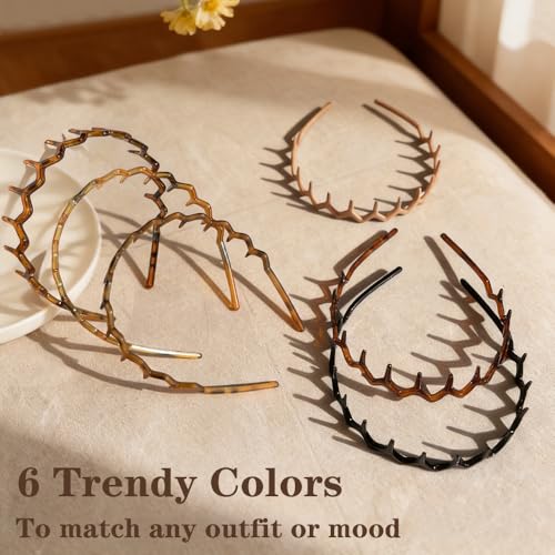 6-Pack Zig Zag Headbands with Non-Slip Teeth for Women
