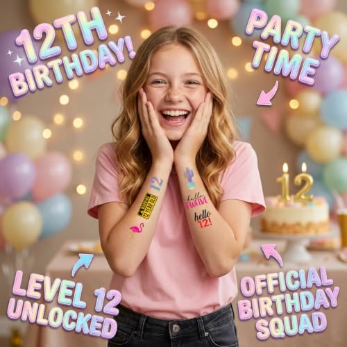 12th Birthday Temporary Tattoos - 4 Sheets Waterproof