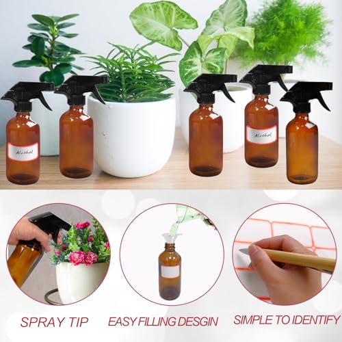 35 Pcs Glass Spray Bottles 8 oz Refillable Trigger Sprayers with Funnels for Essential Oil Cosmetic and Cleaning Solutions Containers with Labels, Droppers, and Spare Lids (Brown)