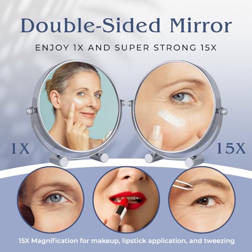 Small 15X Magnifying Tabletop Mirror for Makeup - Double Sided 15x and 1x Portable Make Up Mirror for Desk, Dressing Table and Retail Store - 6" Wide & 6.7" Tall (Chrome)