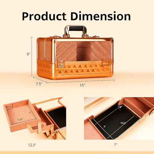 Ver Beauty Rose Gold Diamond Makeup Train Case with 6 Accordion Trays ? Lockable Cosmetic Organizer with Spacious Interior & Clear Acrylic Top