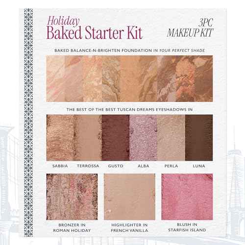 LAURA GELLER NEW YORK Baked Starter Kit- Baked Balance-n-Brighten, Medium + Best of the Best Tuscan Dreams Face Palette + Retractable Angled Kabuki Brush - Holiday 2025 Exclusive