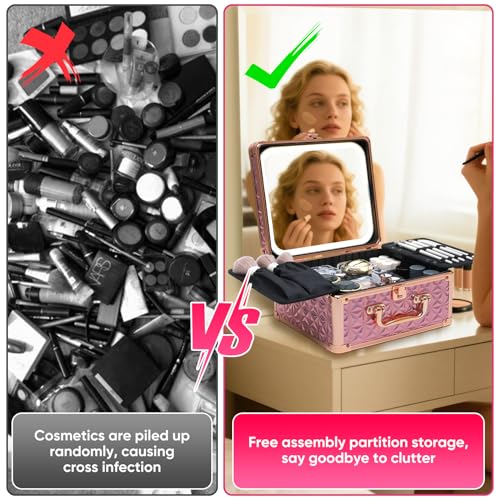 Makeup Box with Detachable Lighted Mirror?Travel Train Case, Cosmetic Storage Organizer & Makeup Suitcase with Adjustable Dividers & Magnetic LED Mirror (Pink)