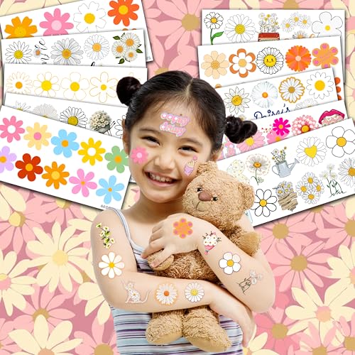 105 PCS Daisy Flower Temporary Tattoos Cute Birthday Party Decorations Favors Supplies Decor Groovy Spring Boho Yellow While Daisy Flower Hippie Stickers For Girls Gift School Prizes Rewards