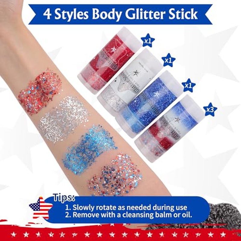 AROIC 6Pc Patriotic Glitter Sticks - Red White Blue Face & Body