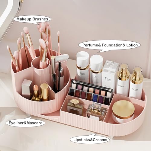Pink 360 Rotating Makeup Organizer with Brush Holder