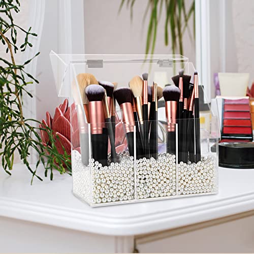 Acrylic Makeup Brush Holder, Clear Cosmetic Storage Box with 3 Brush Holders, Dust Cover, Large-Capacity Split Design for Organizing Vanity Desk