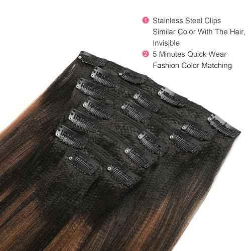 ABH AMAZINGBEAUTY HAIR Yaki Straight Human Hair Clip ins Rooted Black Piano Natural Black #1B Fading into Light Auburn #30 Two Tone Light Yaki Clip ins for Black Women Human Hair 12 Inch 120G 7Pcs