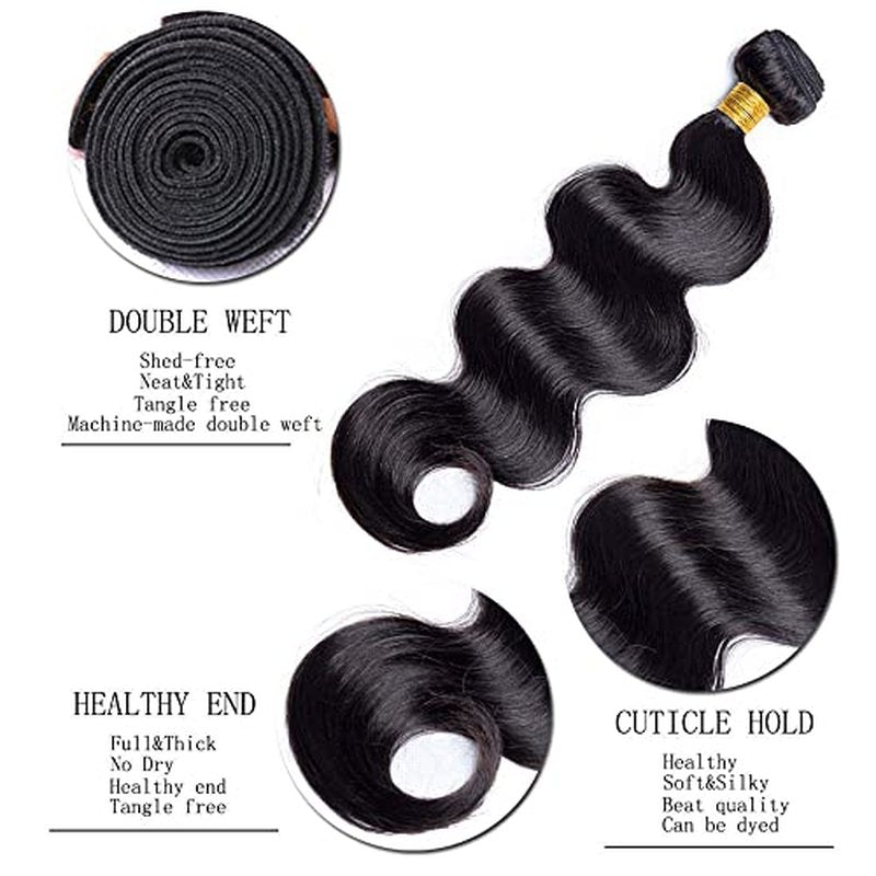Body Wave Human Hair Bundles - Natural Black 22-26 Inch, 3 Pack