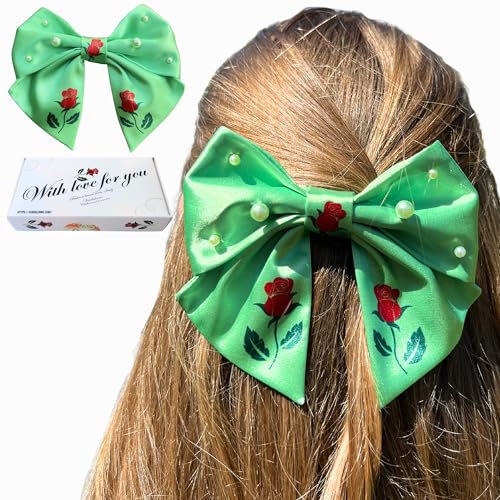 VIADALINNO Hair Clip Bow in a Box Pearls Roses for Women and Girls Silky Cute Coquette Teen Babygirl Little Barrette Hairbows Belle Cinderella Child Giftable Accessories Outfit (1, Light green)