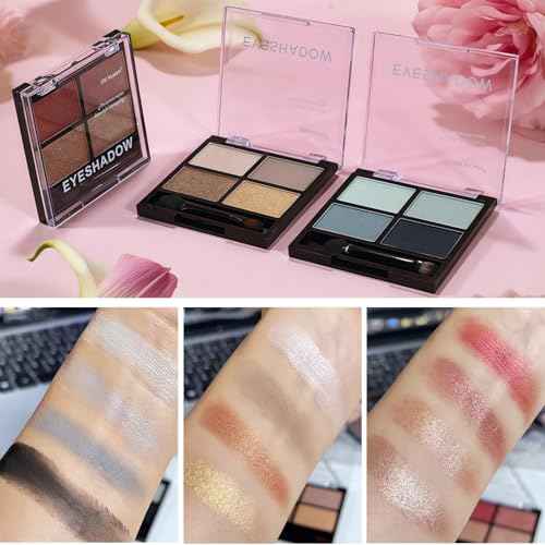4-in-1 Eye Makeup Kit 4 Colors Eyeshadow Palette Black Liqiud Eyeliner with Stamp and Double-headed Brown Eyebrow Pencil Set for Women Beginners Gift (03)