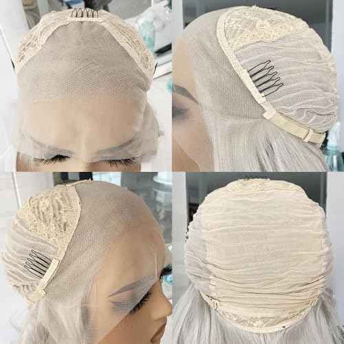 RONGDUOYI 24Inch Grey Mixed White Natural Wave Wig for Women Highlight Lace Front Wig with Natural Hairline Free Part Synthetic Daily Wear Wig