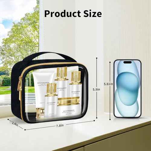 TSA Approved Travel Toiletry Bag,2 Pack Clear Makeup Bags with Handles,Quart Size Clear Cosmetic Bags for Traveling Women,Men,Carry on Airport Airline Compliant Bag,Black