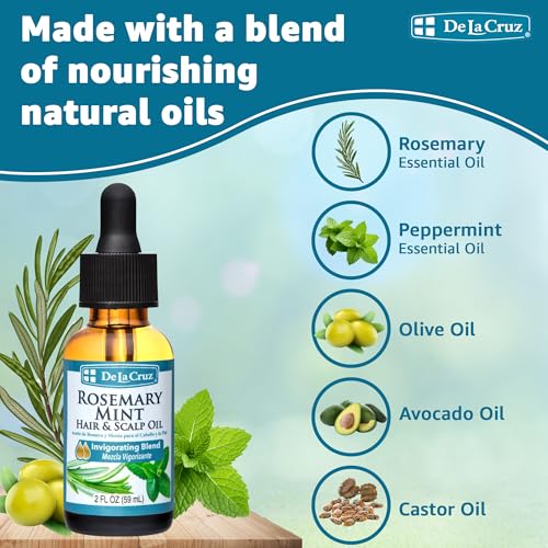 De La Cruz Rosemary Mint Oil Blend for Hair & Scalp - Revitalizing Blend with Castor, Avocado and Olive Oil - Naturally Moisturizing Rosemary Hair Oil - 2 FL OZ