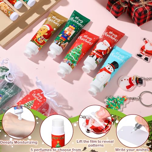 Henoyso 50 Set Christmas Hand Cream Bulk and Lip Balm Bulk Xmas Holiday Gifts Favors with Organza Bag Thank You Card and Acrylic Keychains Thank You Gift Set Bulk Christmas Stuffers Party Supplies