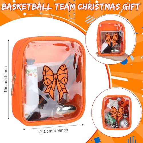 Reginary 12 Pcs Basketball Coquette Bow Party Favors Basketball Makeup Bags Bulk with Chenille Patch Valentine Team Gifts Waterproof Travel Size for Women