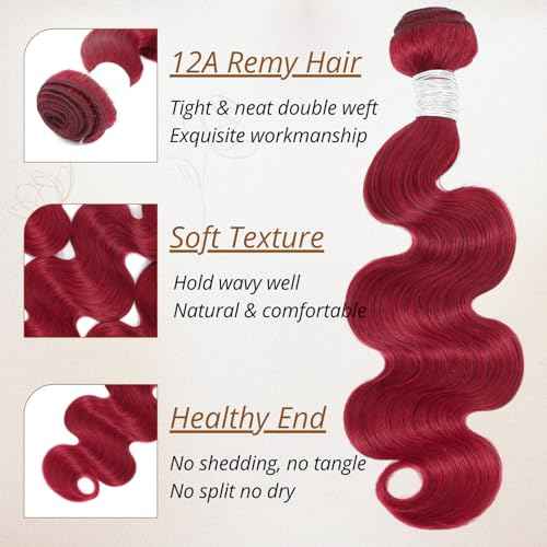 Red Burgundy Bundles Human Hair Body Wave, 12A Colored Bundles Human Hair 100% Unprocessed Remy Hair, Soft and Thick Burgundy Cherry Red 99J Single Wavy Sew in Quick Weave Double Weft 12 Inch