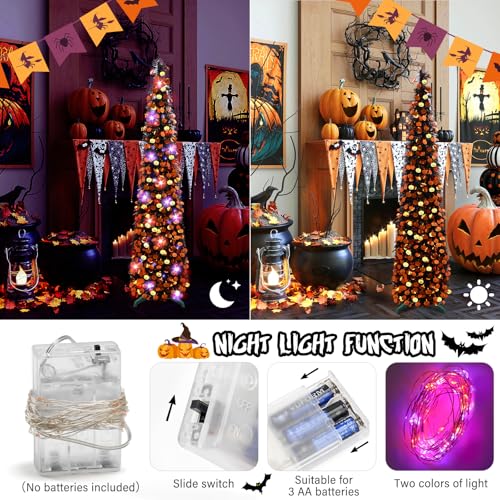 Black Halloween Tree with Light, 5Ft Pop Up Artificial Pencil Tree with Orange Pumpkin, Halloween Decorations Tree for Home Office Party Fireplace Holiday Decor(Purple Orange)