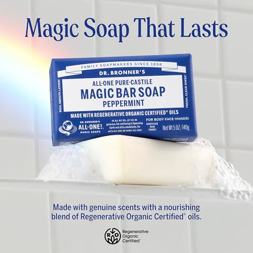 Dr. Bronner's Pure-Castile Magic Bar Soap (Peppermint, 5oz, 12-Pack) ? Made with Regenerative Organic Certified Oils, Soap Bars for Men & Women, Vegan, Cruelty-Free, Non-GMO