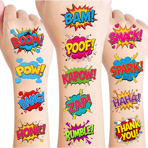 Hero Temporary Tattoos for Kids - 96 PCS Pre Cut Cute Hero Comic Boom Wow Bang Pow Omg Themed Tattoo Stickers for Birthday Party Decorations Favors Supplies Goodie Bag Fillers Gifts for Boys Girls