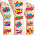 Hero Temporary Tattoos for Kids - 96 PCS Pre Cut Cute Hero Comic Boom Wow Bang Pow Omg Themed Tattoo Stickers for Birthday Party Decorations Favors Supplies Goodie Bag Fillers Gifts for Boys Girls