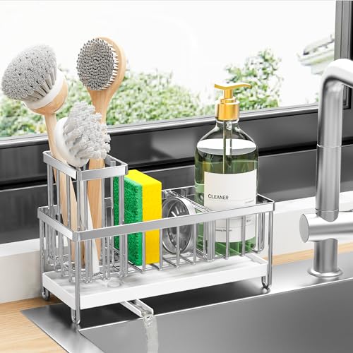 Cisily Sponge Holder for Kitchen Sink, Stainless Steel Silver Sink Caddy with High Brush Holder, Organzier Rustproof Dish Organizer, Soap Dispenser Storage, Kitchen Accessories for Organization