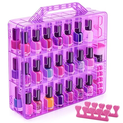 DreamGenius Nail Polish Organizer Case for 48 Bottles with 2 Nail Separators, Double Side Gel Nail Polish Holder with Adjustable Dividers, Purple