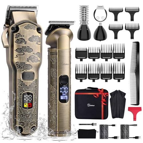 Hatteker Bronze Professional Cordless Hair Clippers & Trimmer Set with T-Blade, Waterproof Grooming Kit