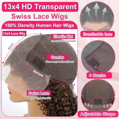 Highlight Ombre 13x4 Lace Front Wig Human Hair Pre Plucked HD Transparent 4/27 Honey Blonde lace frontal Wigs with Baby Hair 180% Density Colored Water Wave Lace Front wig for Women 26 inch