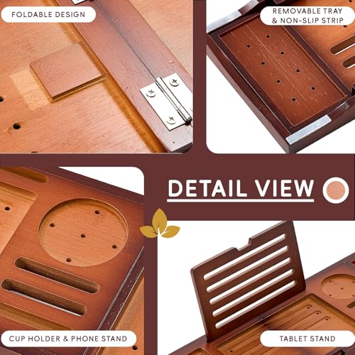 Premium Foldable Bamboo Bathtub Tray Caddy, Expandable Bath Caddy Tray with Holder, Brown Bath Shelf Over Tub, Spa Bathroom Accessories & Gifts for Home