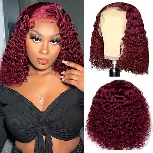 99J Burgundy Lace Front Wigs Human Hair Burgundy Curly Bob Wigs Human Hair 13x4 Lace Front Wigs Short Curly Bob Wigs Deep Curly Wigs for Black Women 12 Inch