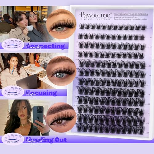Pawotence Lash Clusters Wispy Cluster Eyelash Extensions 10-18mm Individual Lashes DIY Cluster Lashes Extension Soft Comfortable Eyelash Clusters with Thin Band