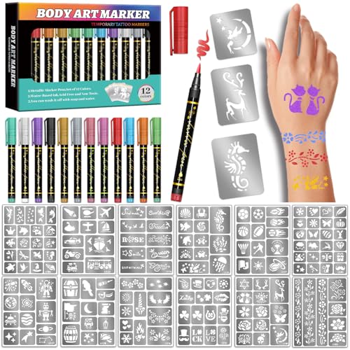 12 Metallic Tattoo Markers + 160 Stencils for Kids & Adults