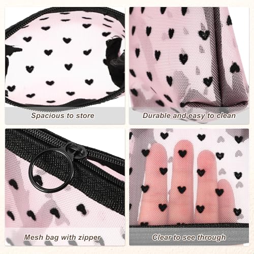 VOCOSTE 4pcs Heart Shape Print Mesh Makeup Bag, Makeup Bag Clear, Mesh Bags with Zipper, Clear Makeup Pouch Mesh Bags, Make Up Bags for Women, Pink