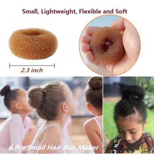 Extra Small Hair Bun Maker for Kids, 6 PCS Chignon Hair Donut Sock Bun Form for Girls, Mini Hair Doughnut Shaper for Short and Thin Hair (Small Size 2 Inch, Light Brown)