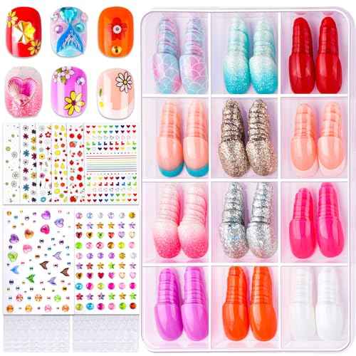 FANDAMEI Press On Nails for Girls, 12 Style Press On Nails for Kids, 6 Sheet Heart Fruit Flower Nail Stickers for Kids, 3D Rhinestone Stickers Face Gems Mermaid Colorful, Nail Art Kit for Girls