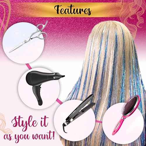 Andou | 14 Colors | Up To 6800 Strands | Heat Resistant Hair Tinsel Kit For Girls, Women & Kids | 48 Inch | One Wooden Threader & Crochet | One Plier | Two Hair Clips | Two Hundred Beads
