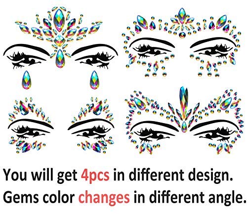 Face Gems Stickers - 4 Rainbow Rhinestone Designs, Self-Adhesive Festival Makeup